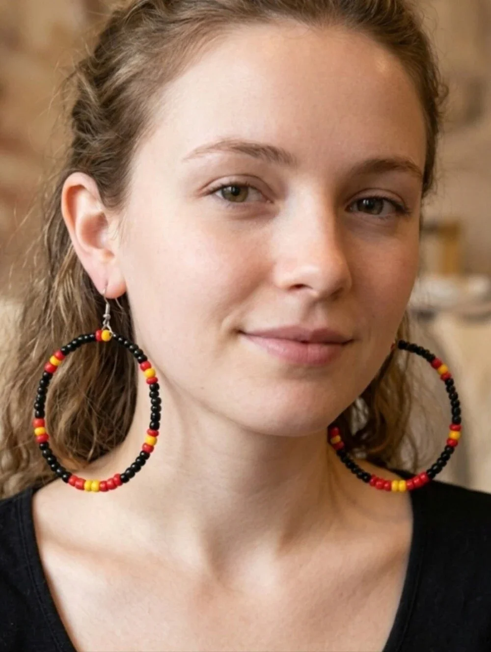 Bold Multi-Bead Hoop Earrings — Black, Red & Yellow